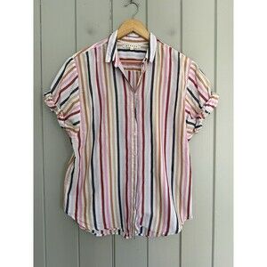 Xirena Channing Shirt Top S Small Short Sleeve Button Up Pink Blue Striped